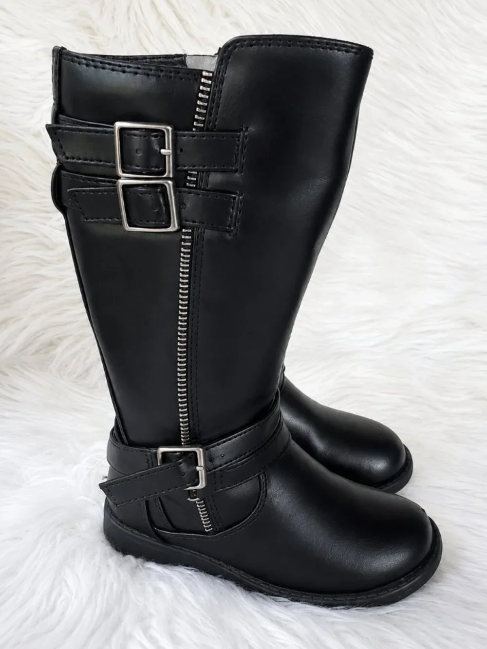 Dream Paris Black Girl's Mid Calf Moto Decorative Buckle Straps Boots SZ 10